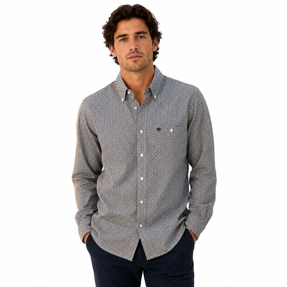 Wrangler Shirt Mens Large Gray Geometric Print Button Front Long Sleeve Casual